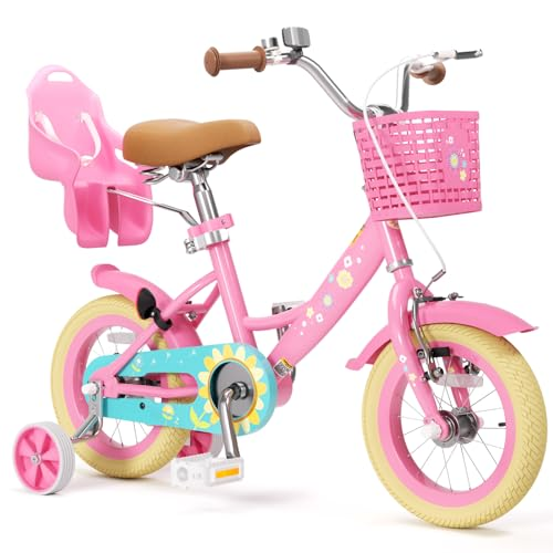 Pink children's bicycle with basket, rear seat, and training wheels