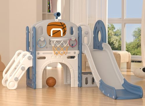 Blue and cream children's play climber with slide and basketball hoop in a bright room