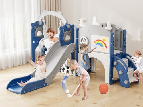 Children playing on a blue and white indoor adventure play set